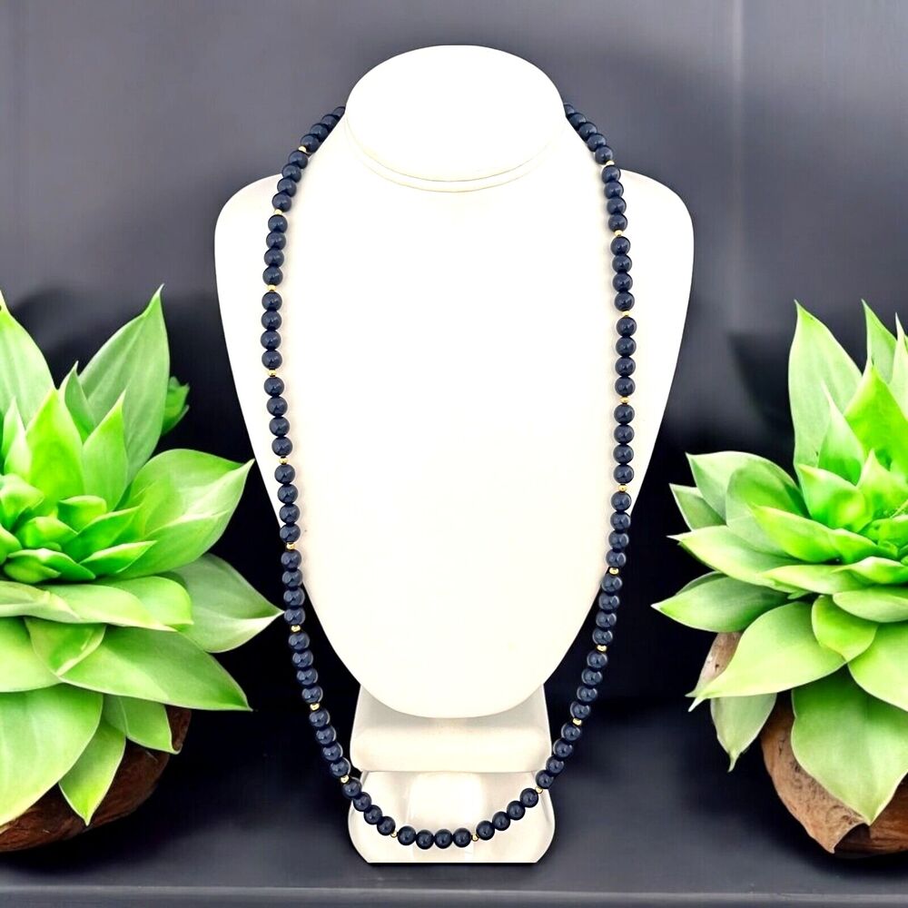 Vintage 1980s Monet Beaded Necklace Navy Blue Gold Tone Spacers - 12A